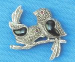 71005-4 Sterling Silver Marcasite Two Onyx Birds Brooch 